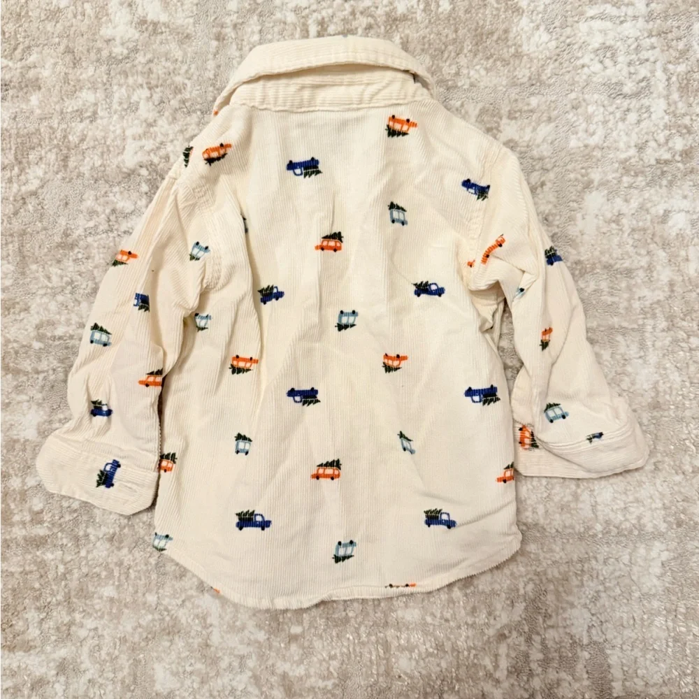 Old Navy Kids Beige Cotton Button Down Corduroy Shirt with  Car Pattern -6-12M